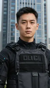 Tactical Black And Gray Defender Hero In The Skyscraper