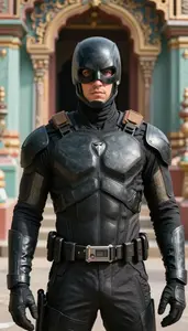 Tactical Black And Gray Guardian Superhero At The Temple