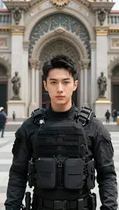 Tactical Black And Gray Scout Hero In The City Plaza