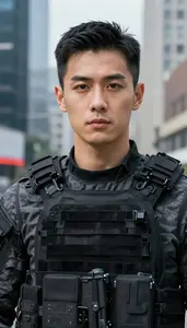 Tactical Black And Gray Soldier Hero In The Downtown