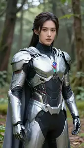 Technological Silver Caped Paragon Hero On The Forest Trail