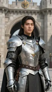 Technological Silver Caped Paladin Hero At The Fortress Gate