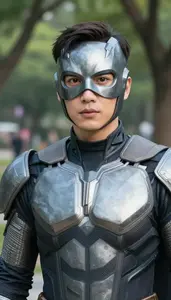 Titanium Gray Caped Defender Hero In The Public Park