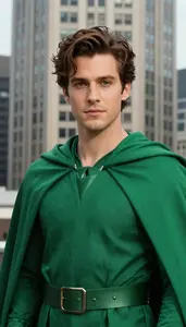 Verdant Green Caped Liberator Hero At The Downtown Tower