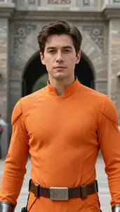 Wild Orange Suited Crusader Hero At The Fortress Gate