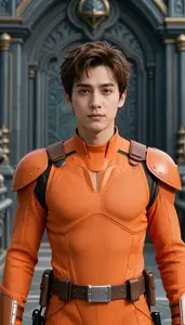 Wild Orange Suited Crusader Hero On The Bridge