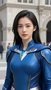 Aerodynamic Blue Caped Protector Hero In The City Plaza