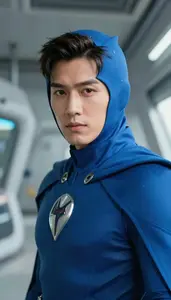 Aerodynamic Blue Caped Captain Hero On The Skyway