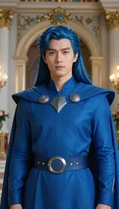 Aquatic Blue Caped Titan Hero At The Palace