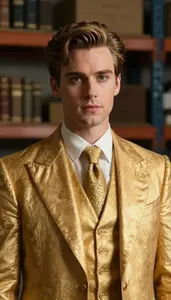 Aristocratic Gold Suited Paragon Hero In The Warehouse