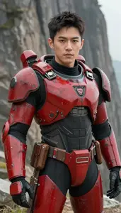 Battle Scarred Red Armored Fighter Hero On The Cliff