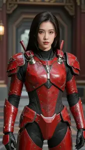 Battle Scarred Red Armored Guardian Hero In The Corridor