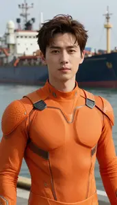 Blazing Orange Suited Protector Hero At The Harbor