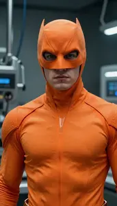 Blazing Orange Suited Vigilante Hero In The Laboratory