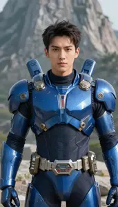 Blue Armored Avenger Hero On The Mountain Peak