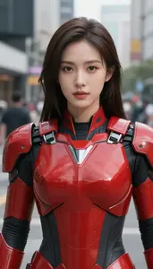Bright Red Armored Agent Hero In The City Street