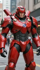 Bright Red Armored Colossus Hero In The City Street