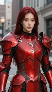 Bright Red Armored Paladin Hero In The Downtown District