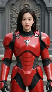 Bright Red Armored Scout Hero At The Historic Monument