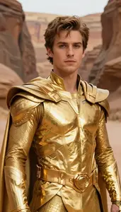 Brilliant Gold Caped Defender Hero In The Canyon