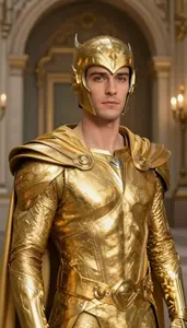 Brilliant Gold Caped Defender Hero In The Corridor