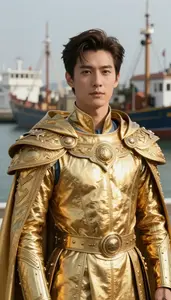 Brilliant Gold Caped Soldier Hero At The Harbor