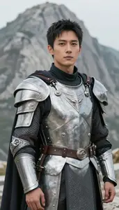 Brushed Steel Caped Commander Hero On The Mountain Peak