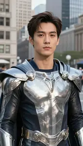 Brushed Steel Caped Champion Hero In The City Plaza