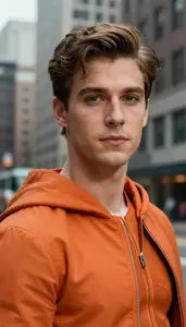 Burnt Orange Caped Champion Hero In The Downtown District