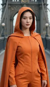 Burnt Orange Caped Enforcer Hero On The Bridge