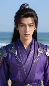 Celestial Purple Suited Knight Hero At The Ocean Shore