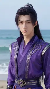 Celestial Purple Suited Guardian Hero At The Ocean Shore