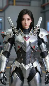 Colossal Silver Armored Fighter Hero At The Industrial