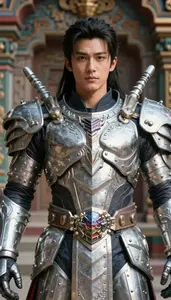 Colossal Silver Armored Defender Hero At The Temple