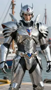 Colossal Silver Armored Paragon Hero At The Harbor