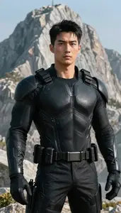 Combat Ready Black Suited Titan Hero On The Mountain Peak