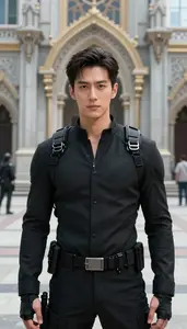 Combat Ready Black Suited Bastion Hero In The City Plaza