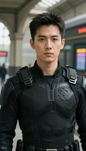 Combat Ready Black Suited Guardian Hero At The Train Station