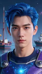 Cosmic Blue And Purple Fighter Hero At The Harbor