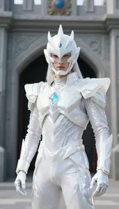 Crystalline White Suited Protector Hero At The Fortress Gate