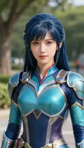 Cyan Armored Captain Hero In The Public Park