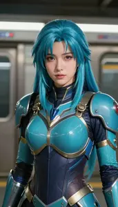 Cyan Armored Crusader Hero In The Subway Station