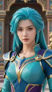 Cyan Armored Guardian Hero At The Temple