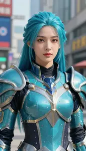 Cyan Armored Knight Hero In The Commercial District