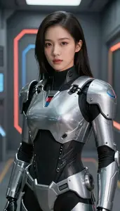 Cybernetic Silver Armored Enforcer Hero In The Corridor
