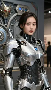 Cybernetic Silver Armored Avenger Hero In The Museum