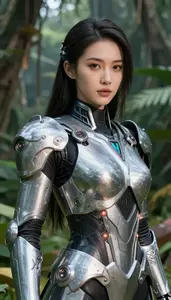 Cybernetic Silver Armored Crusader Hero In The Jungle