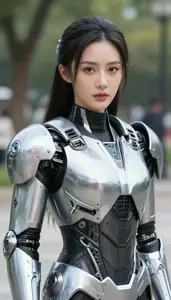 Cybernetic Silver Armored Avenger Hero In The Public Park