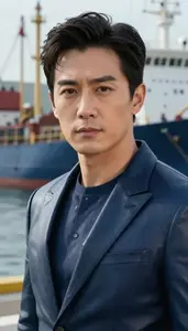 Dark Blue Leather Suited Defender Hero At The Harbor