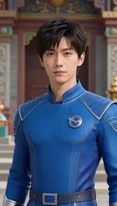 Digital Blue Suited Guardian Hero At The Temple